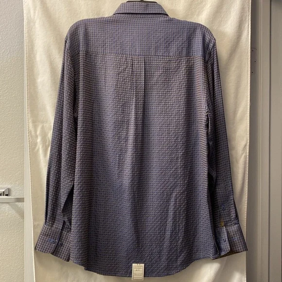 Men's Jhane Barnes Blue Starburst Patterned Silk+Cotton Button-Down Shirt - Picture 2 of 16